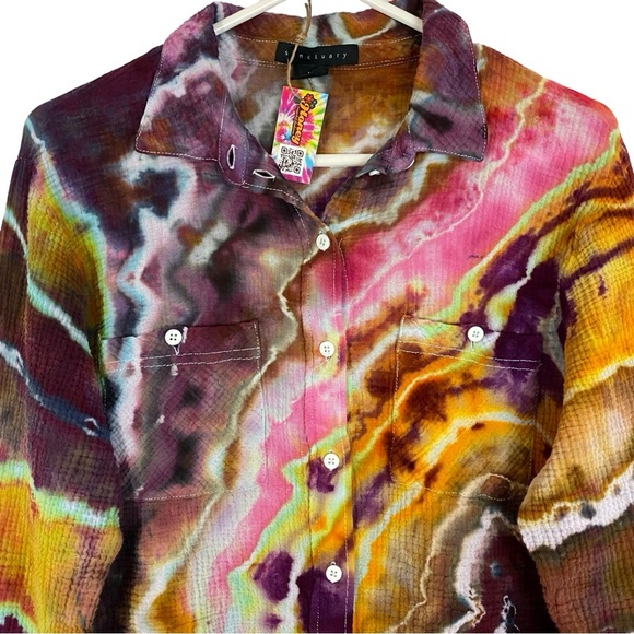 Handmade Geode Tie Dye Button Down Shirt Womens Small Colorful Cotton Crepe Pink - Picture 3 of 13